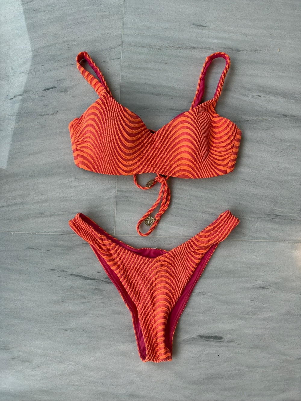 Luli Fama Orange Wave Textured Bikini Size Small